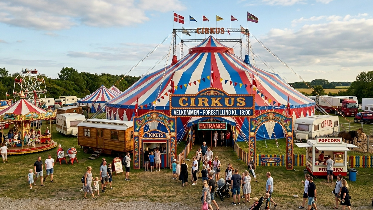 Cirkus Arena telt med farverige flag og besøgende familier