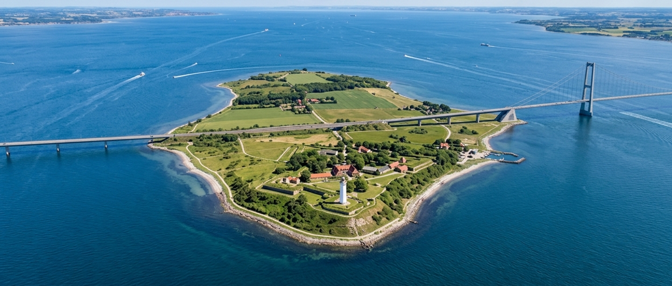 Luftfoto af Sprogø med Storebæltsbroen i baggrunden
