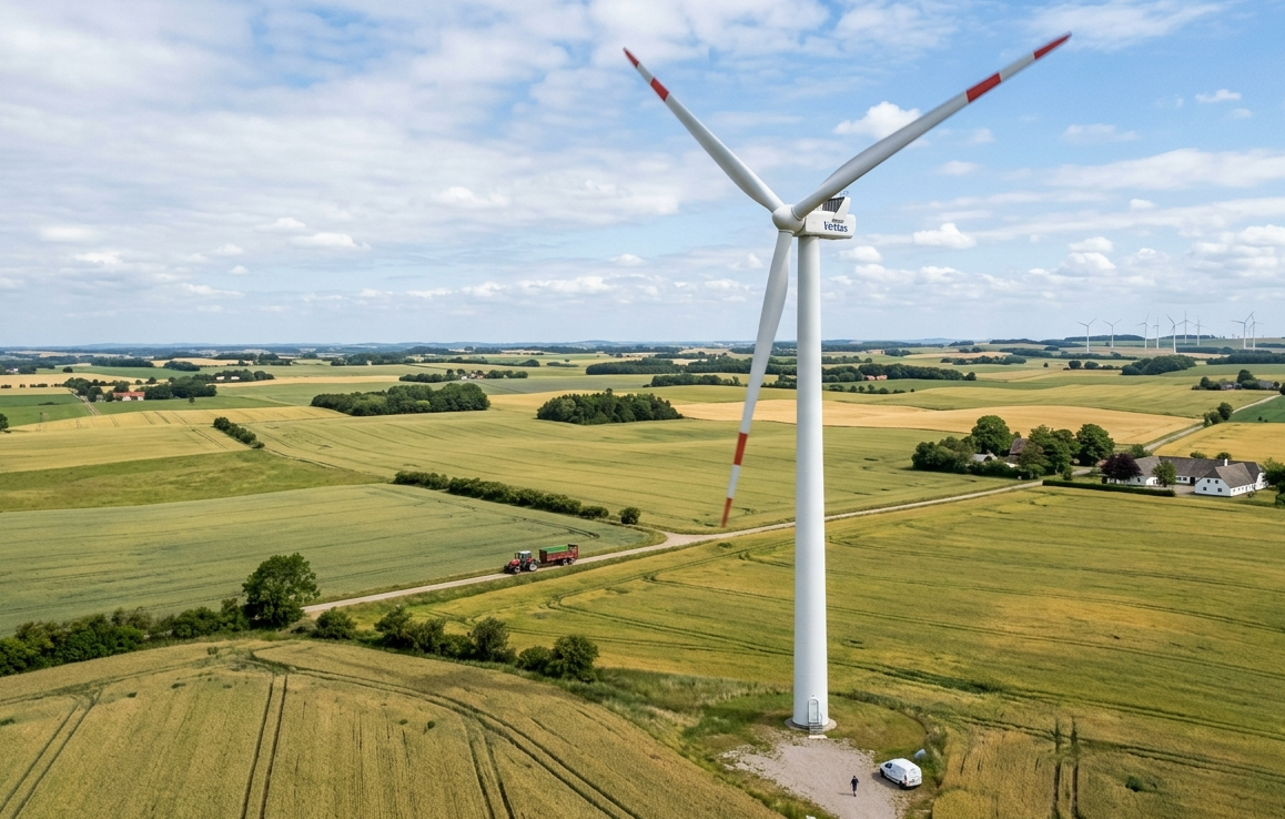 Vestas vindmølle rejser sig over marker i det danske landsskab