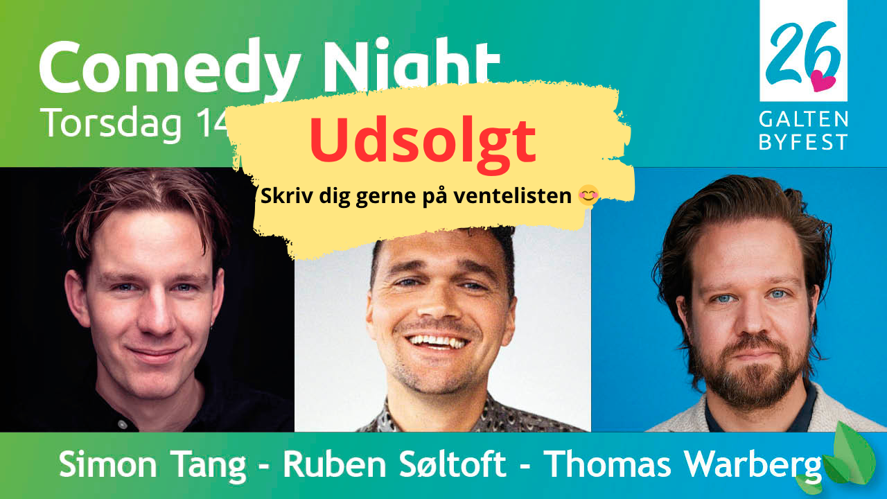 Simon Tang, Ruben Søltoft og Thomas Warberg til Galten Comedy Night 2026 på Bytoften. Foto: Galten Byfest