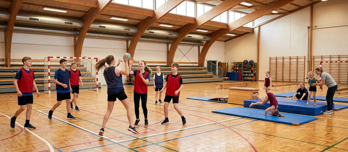 Børn og unge spiller håndbold og laver gymnastik i en sportshal