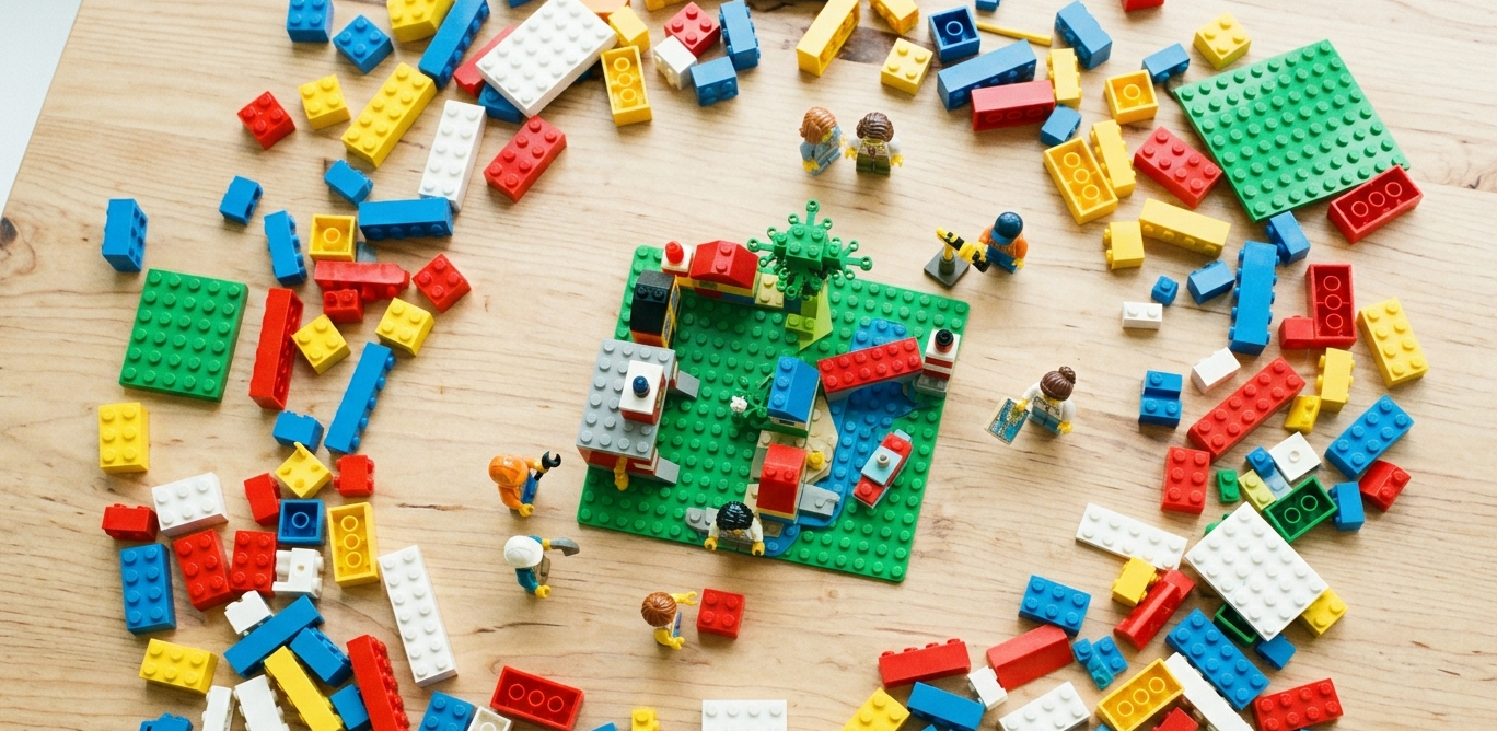 Farverige LEGO-klodser og figurer spredt på et træbord med en byggeplade i midten