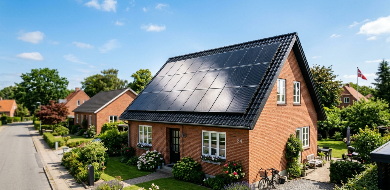 Dansk parcelhus med solceller på taget på en solrig sommerdag