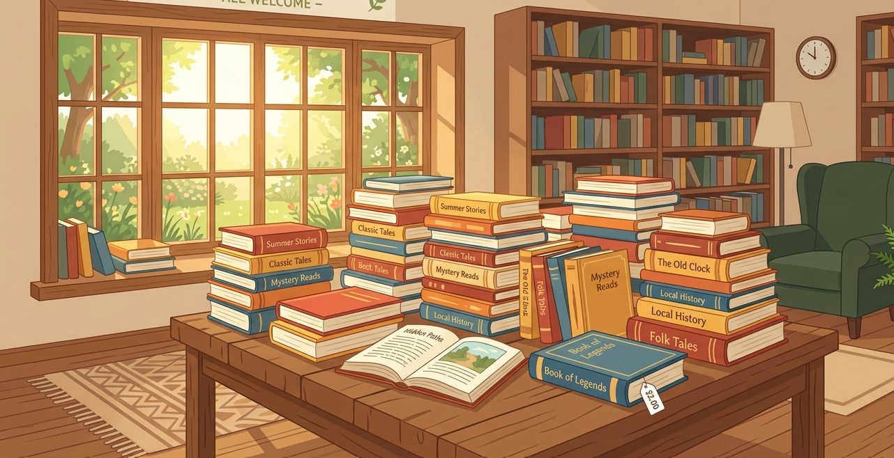 Borde med stablede bøger til salg i et bibliotek med sommerlys