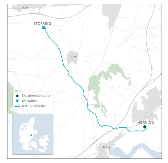 Kort der viser ruten for det nye 150 kV-kabel fra Hørning til Storring
