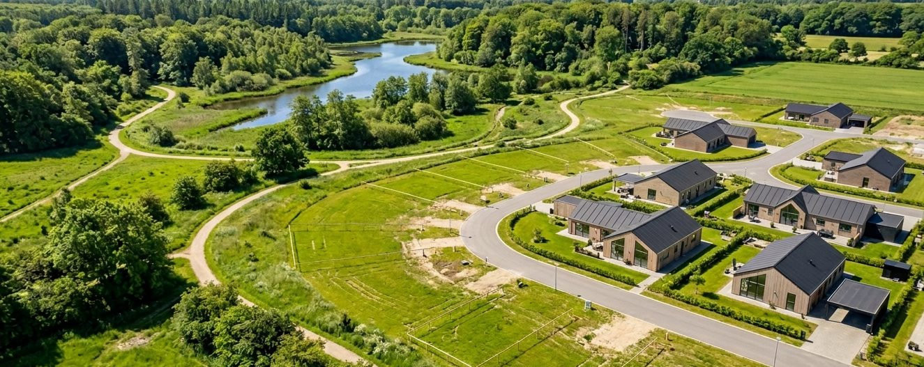 Luftfoto af Svaneparken i Galten-Skovby med ledige byggegrunde og natur