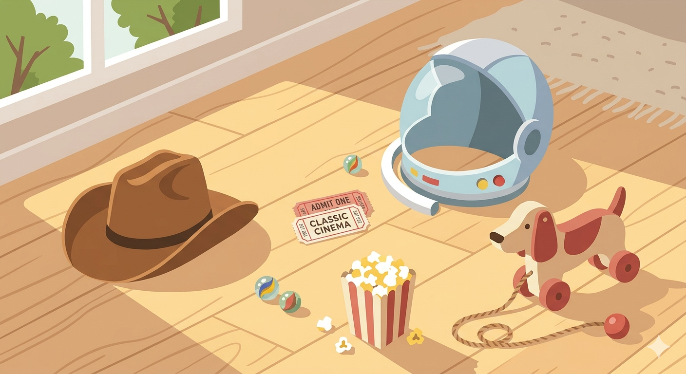 Cowboy hat, astronaut helmet, classic cinema tickets, popcorn og legetøjshund på gulvet – Toy Story 5 i Bio Huset Galten