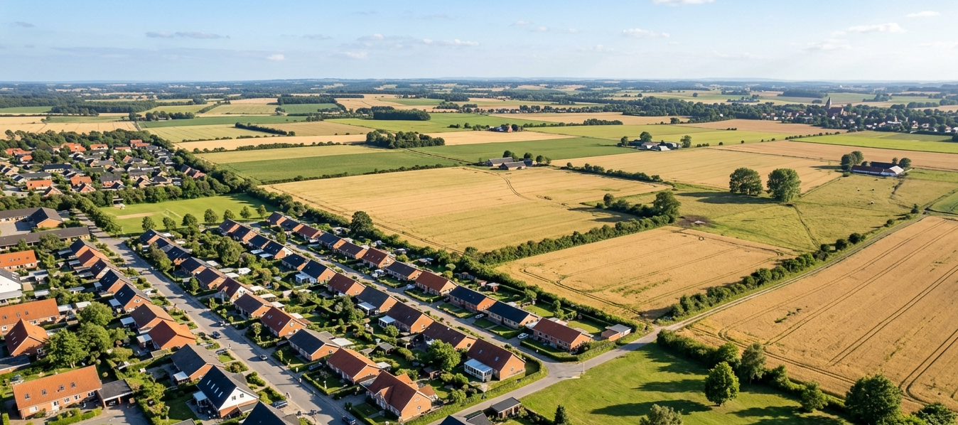 Luftfoto af boligområde i Skovby der møder åbne marker mod øst