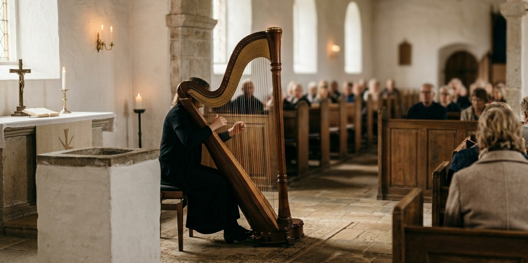 Harpenist spiller koncert i Harlev Kirke for siddende publikum