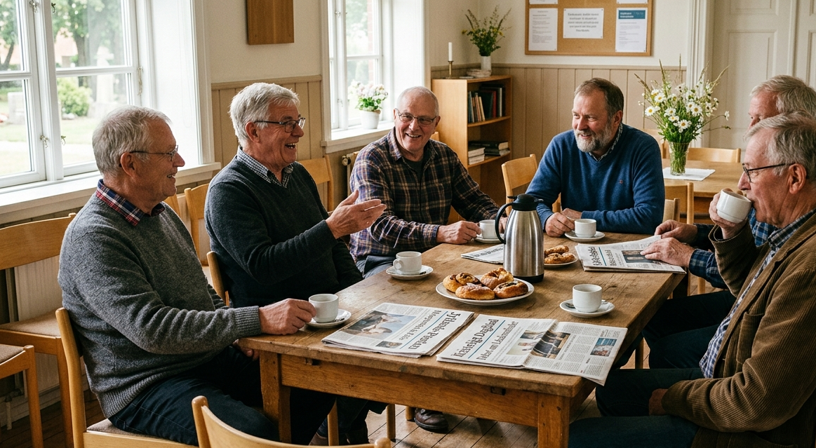 Mænd samlet til kaffe og morgenmøde i Skovby Sognehus