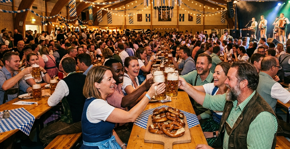 Gæster skåler med ølkrus til Galten Oktoberfest i AVK Hallen