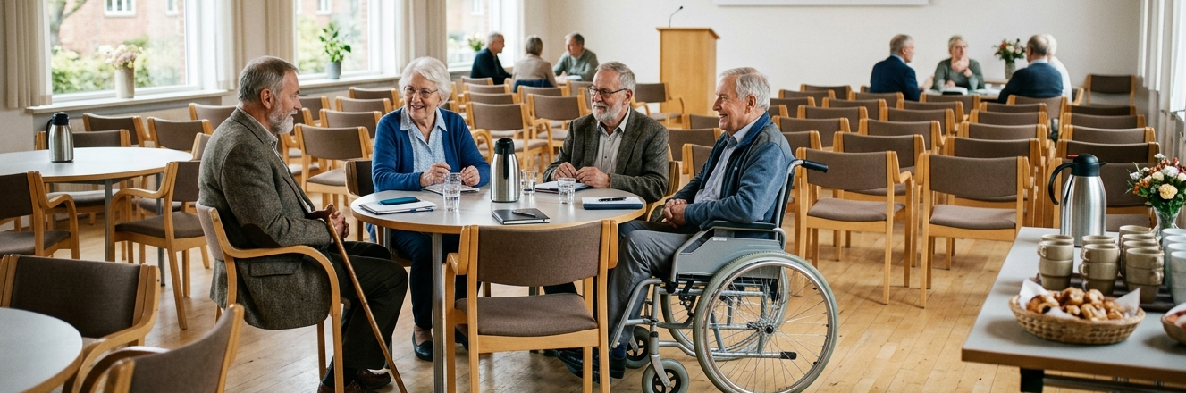 Ældre borgere ved runde borde i en mødesal med kaffe og rækker af stole