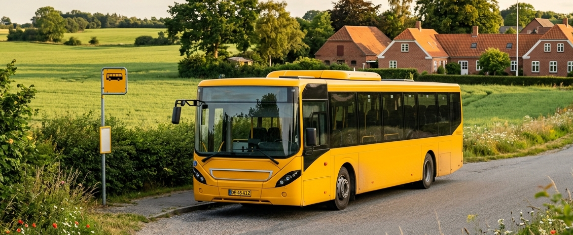 Gul Midttrafik-bus holder ved et stoppested i en dansk landsby