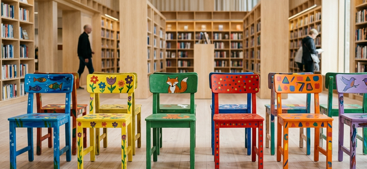Farverige stole malet af skoleelever udstillet paa Galten Bibliotek