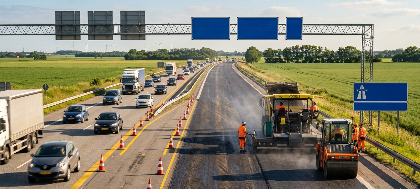 Asfaltarbejde på E45 Østjyske Motorvej ved Aarhus med vejtromle, asfaltudlægger og kegler