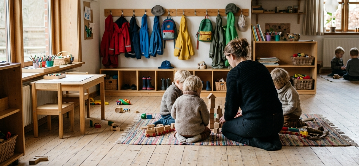 Pædagog sidder på gulvet og leger med tre små børn i en dansk børnehave