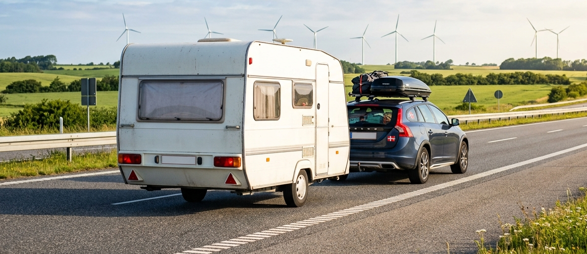 Personbil traekker hvid campingvogn paa dansk motorvej i sommerlys