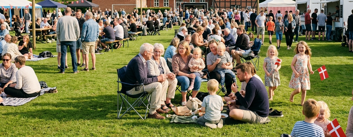 Landsbyfest på græsplænen ved Veng Skole med familier, flag og boder