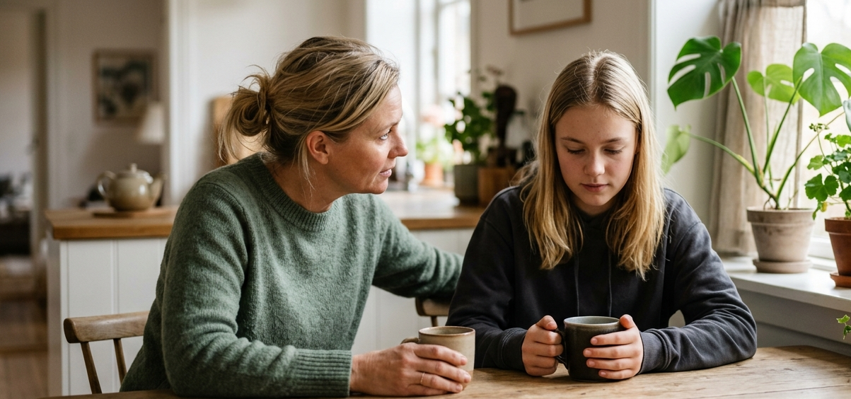 Forælder og teenager i en alvorlig samtale ved køkkenbordet i et dansk hjem