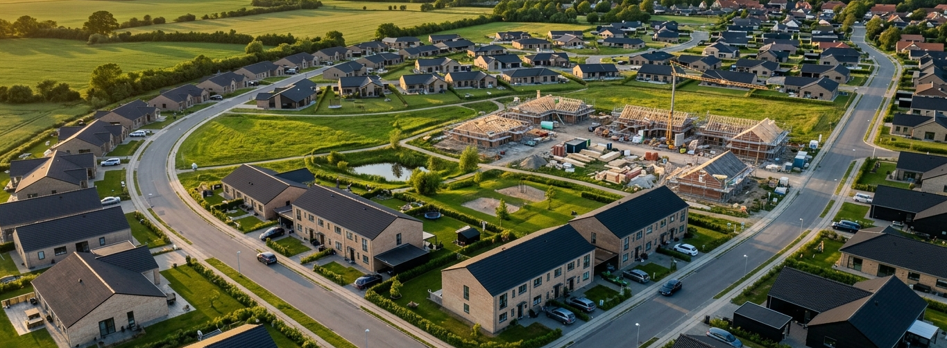 Luftfoto af nyt boligområde mellem Galten og Skovby med huse under opførelse