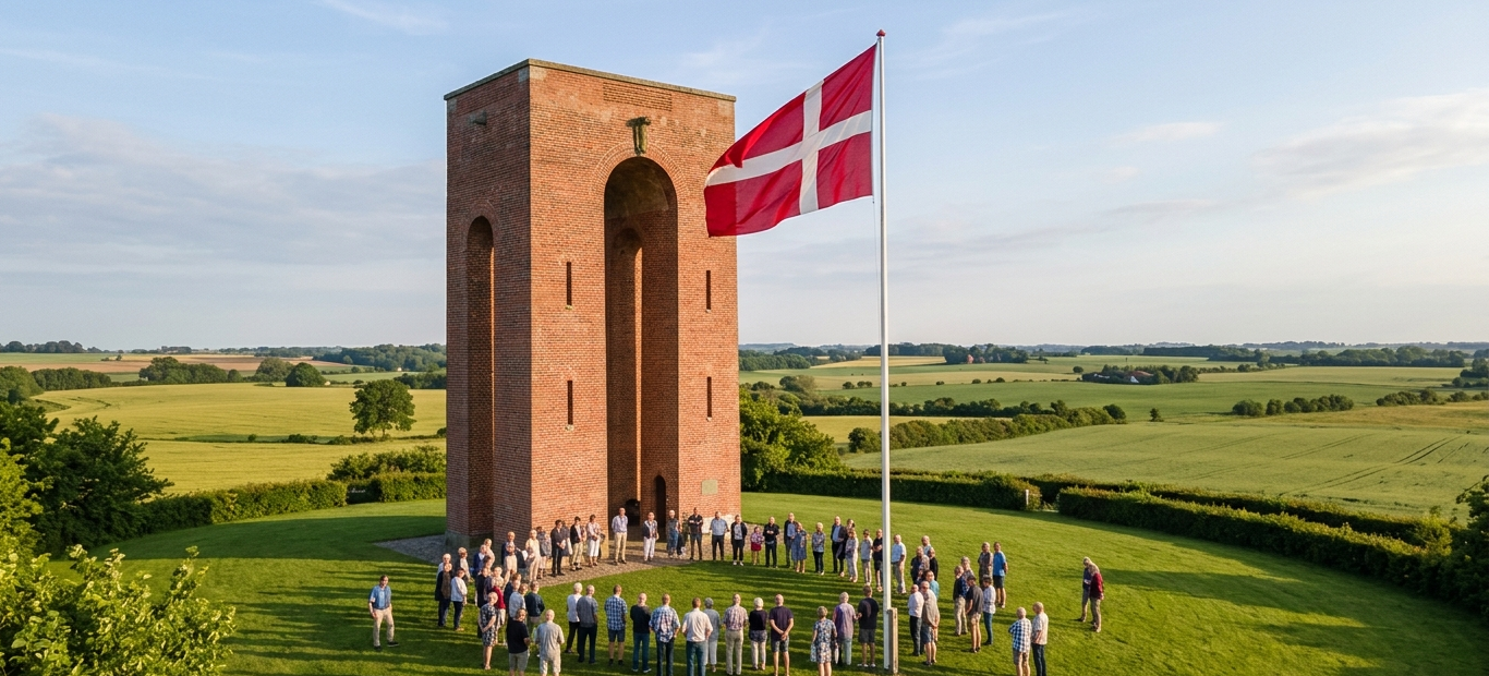 Genforeningstårnet på Ejer Bavnehøj med Dannebrog og forsamlede gæster