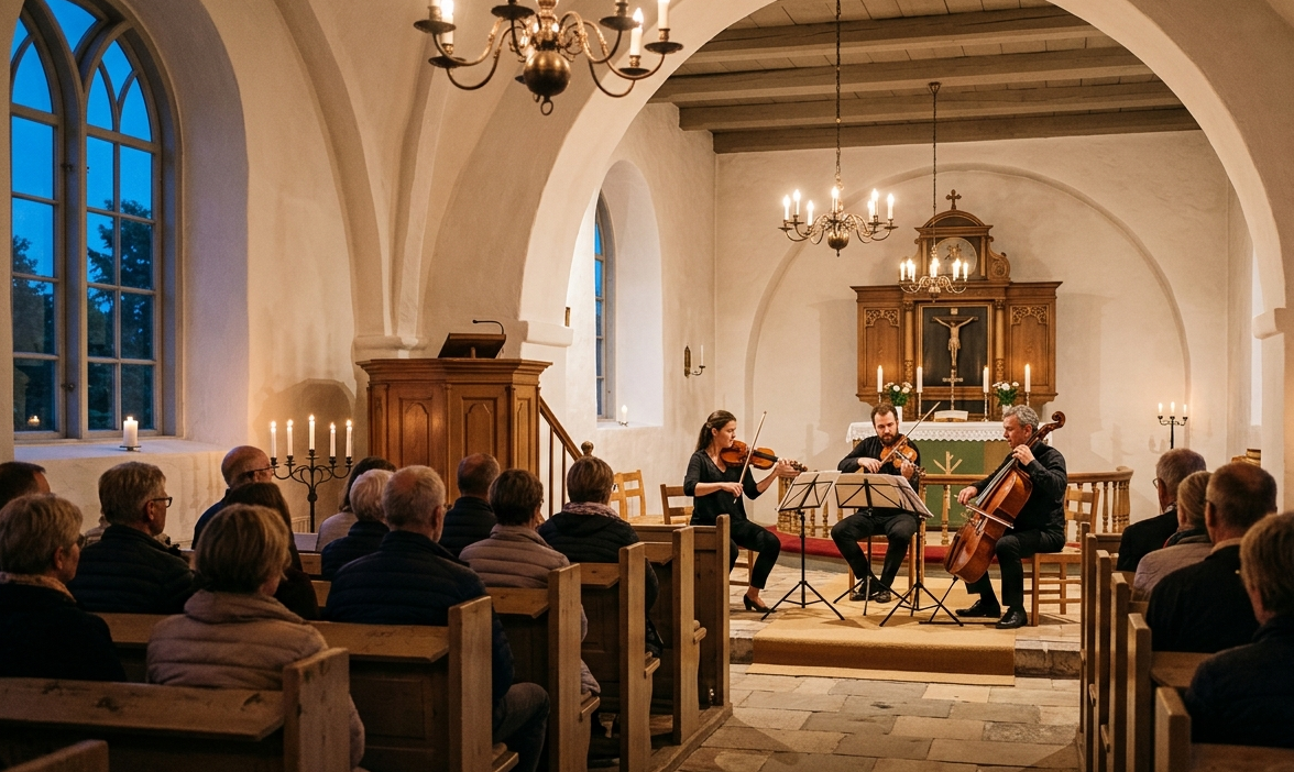 Tre musikere spiller violin, bratsch og cello ved koncert i Galten Kirke