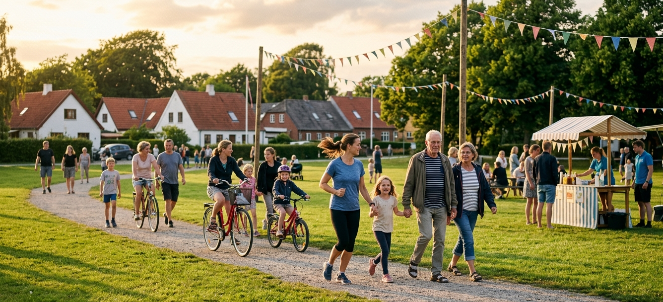 Borgere går, løber og cykler på festpladsen i Sorring under Lokaldysten