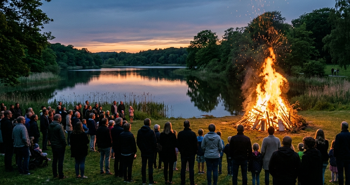 Sankthansbål ved søen i Låsby Søpark med tilskuere i sommeraftenlys