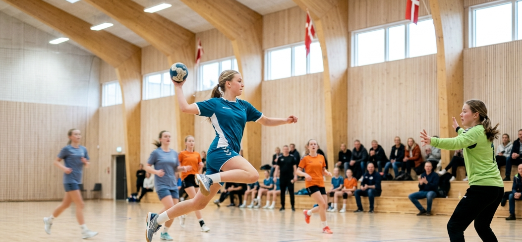 Ung håndboldspiller i springskud under juniorstævne i Klank-hallerne i Galten
