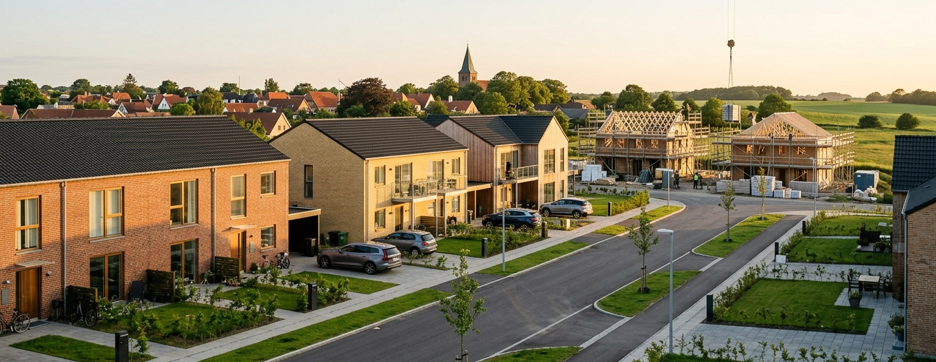 Ny boligbydel Skovby Nygaard med rækkehuse og huse under opførelse mellem Galten og Skovby