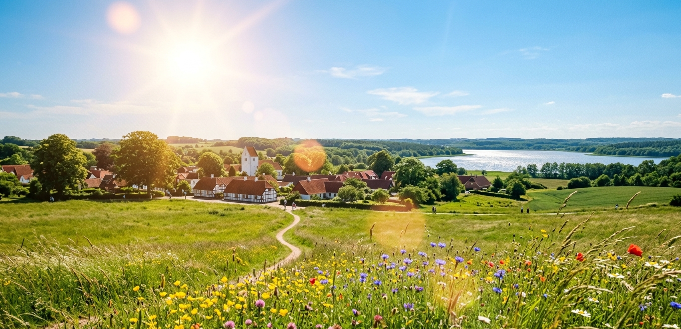 Solrigt dansk sommerlandskab med blomstereng, landsby og sø nær Galten-Skovby