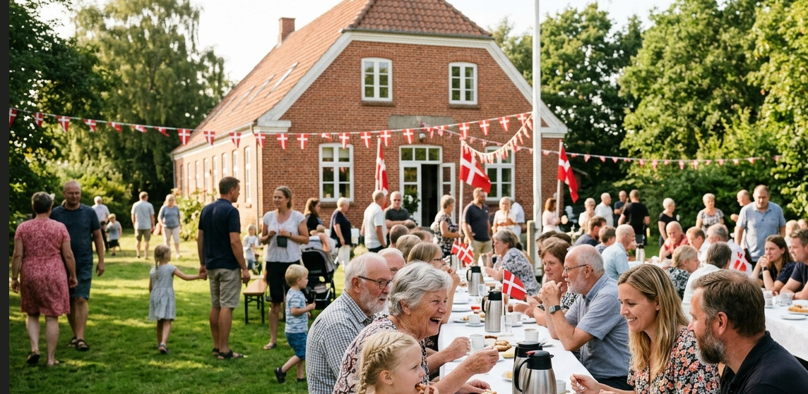 Sommerfest med fællesspisning og Dannebrog-flag foran Folkehuset Harlev