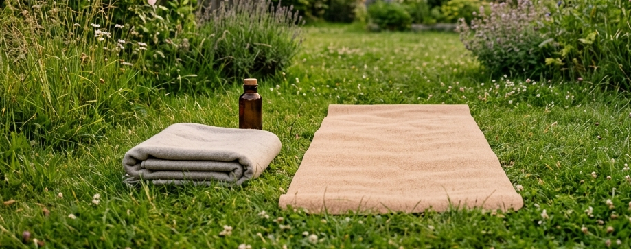 Yogamåtte, tæppe og vandflaske på græsplænen i en have