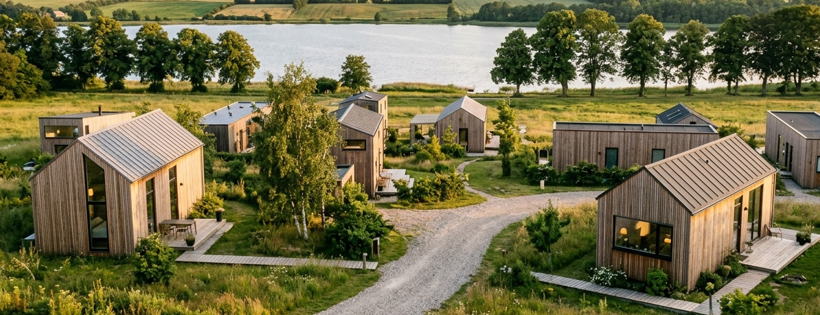 Moderne tiny houses i træ ved Mossø i Alken