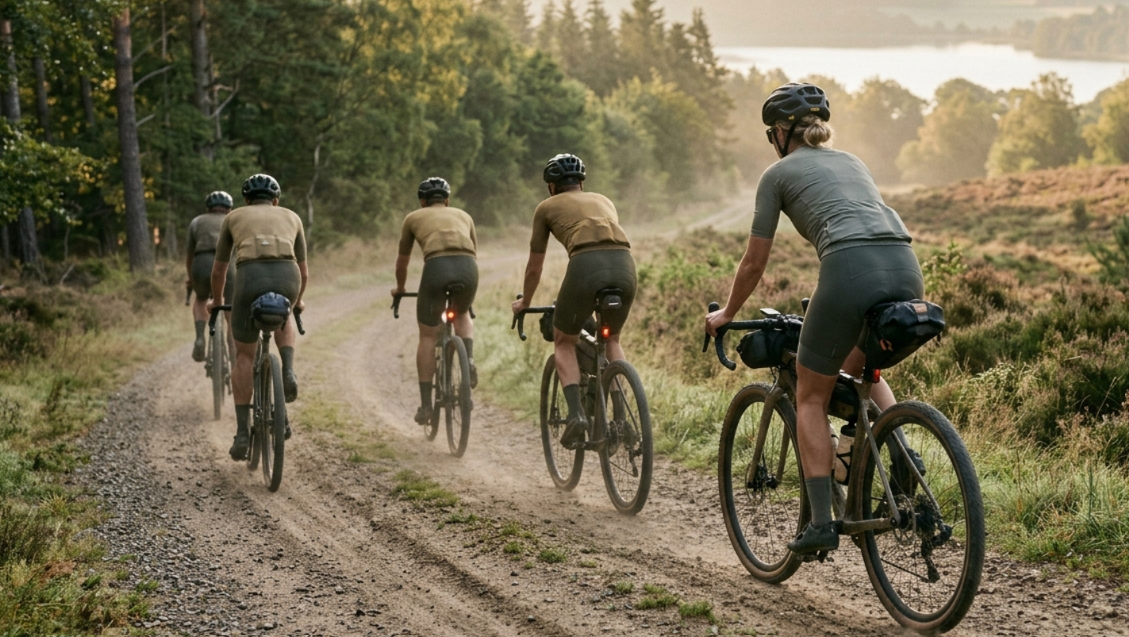 Gravelcyklister på grusvej gennem skov og hede i Søhøjlandet ved Ry