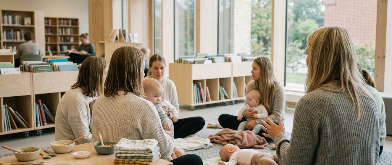 Forældre med babyer sidder i rundkreds på gulvet på Galten Bibliotek, med skåle med babymad og stofbleer i forgrunden