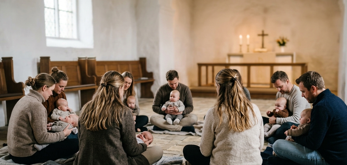 Forældre og babyer sidder i rundkreds på gulvet i Galten Kirke til babysalmesang