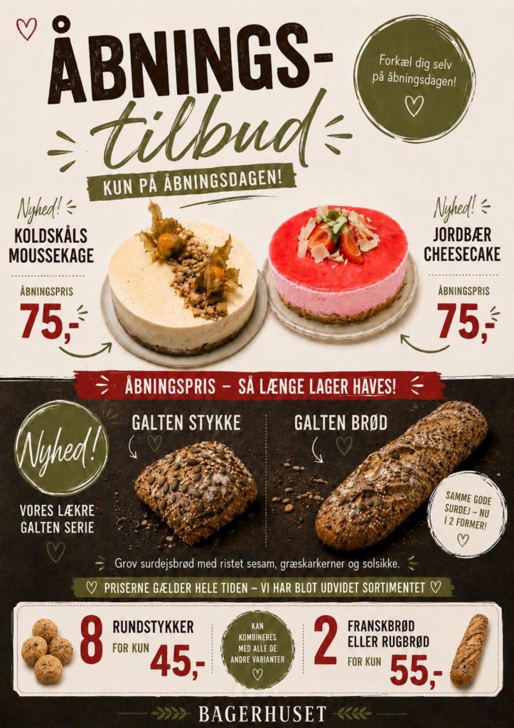 Plakat med åbningstilbud fra Bagerhuset i Galten