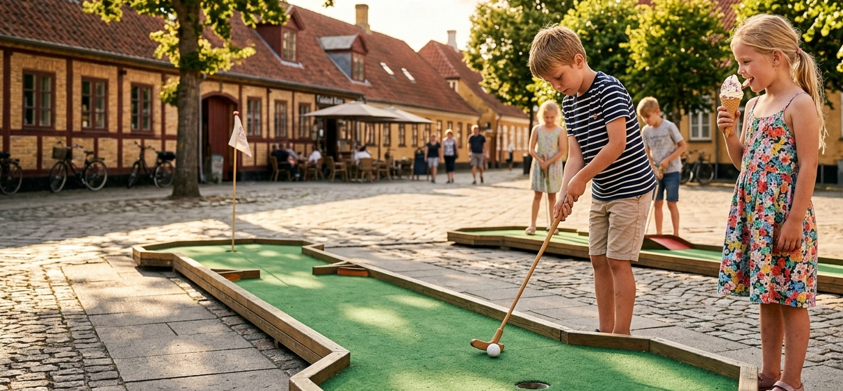 Børn spiller minigolf og spiser is på torvet i Galten en sommerdag