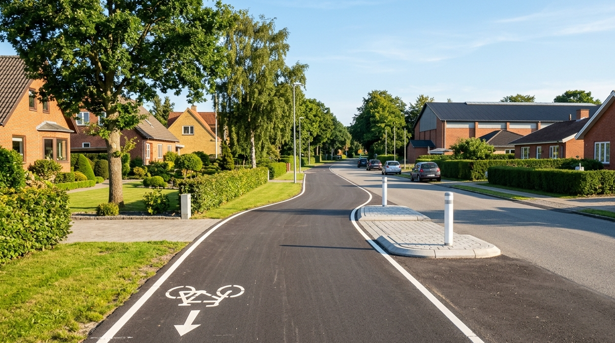 Nyanlagt cykelsti med krydsningshelle i villakvarter ved Klank Hallen i Galten
