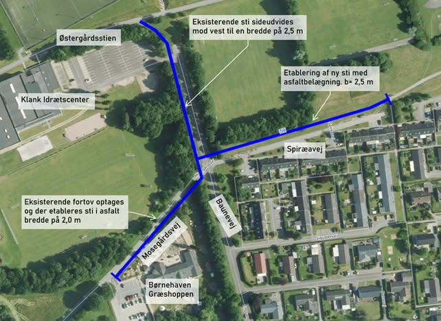 Kort der viser de nye cykelstier ved Klank Hallen langs Spireavej, Baunevej og Mosegårdsvej i Galten
