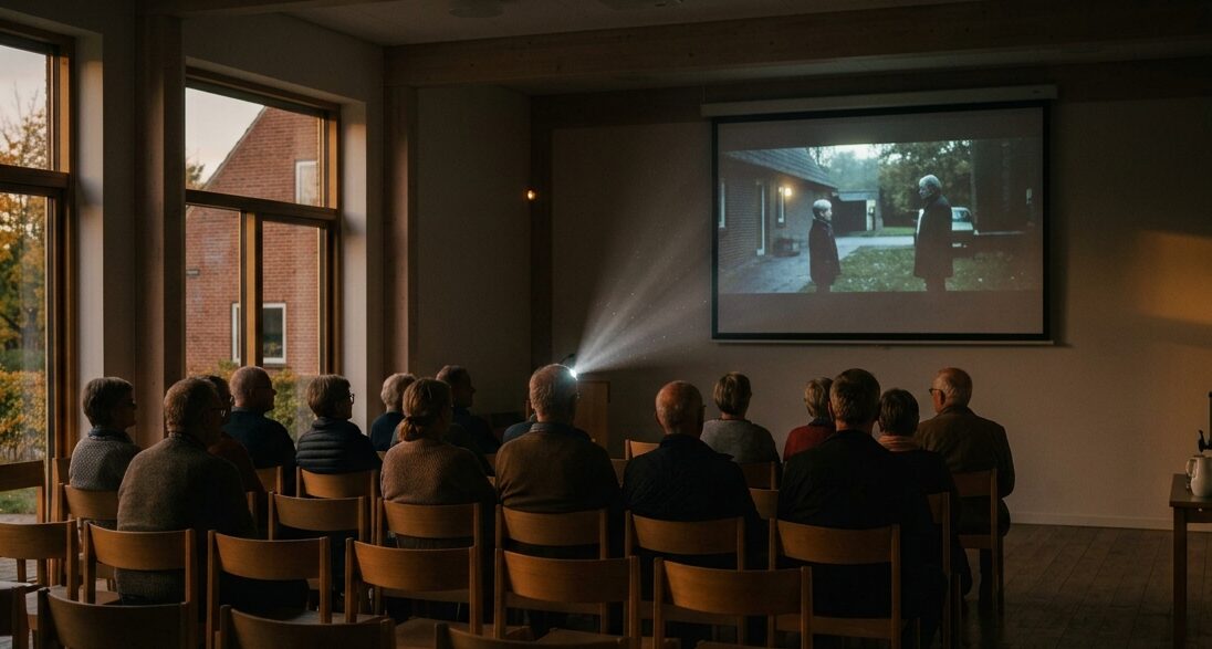 Tilhørere sidder i Galten Sognegård og ser film på lærred i eftermiddagslys