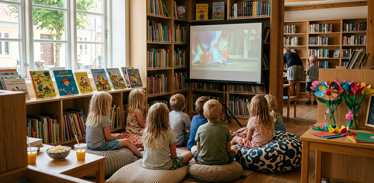 Børn ser sommerbio på Galten Bibliotek med popcorn og saftevand