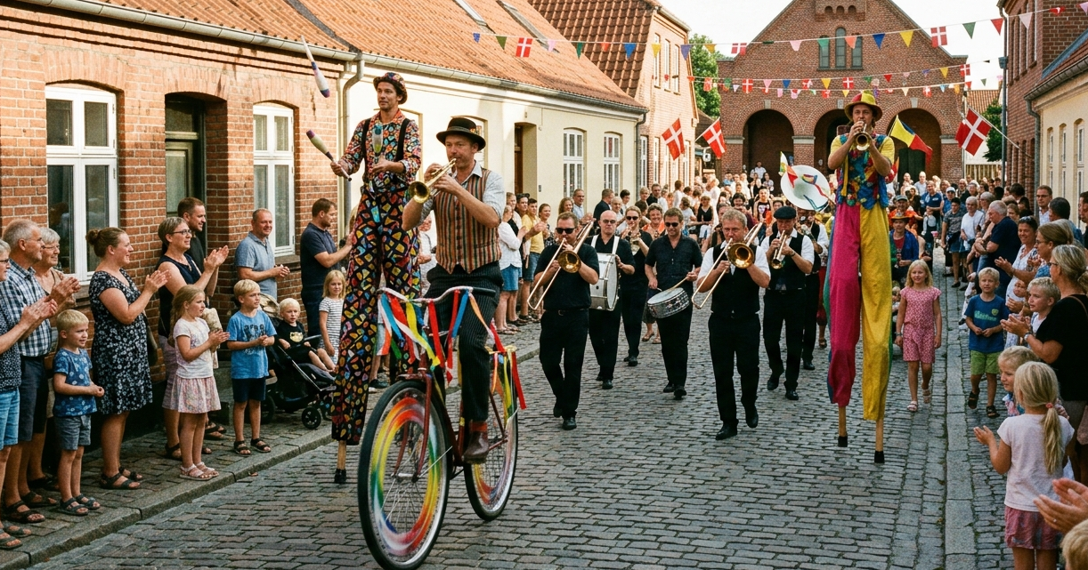 Cirkusparade med artister paa hoejcykel og stylter gennem gaderne i Ry
