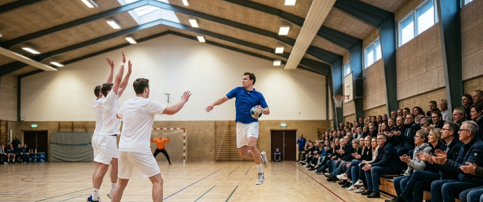 Haandboldspiller i springskud mod tre forsvarere i dansk idraetshal med fyldte traebaenke