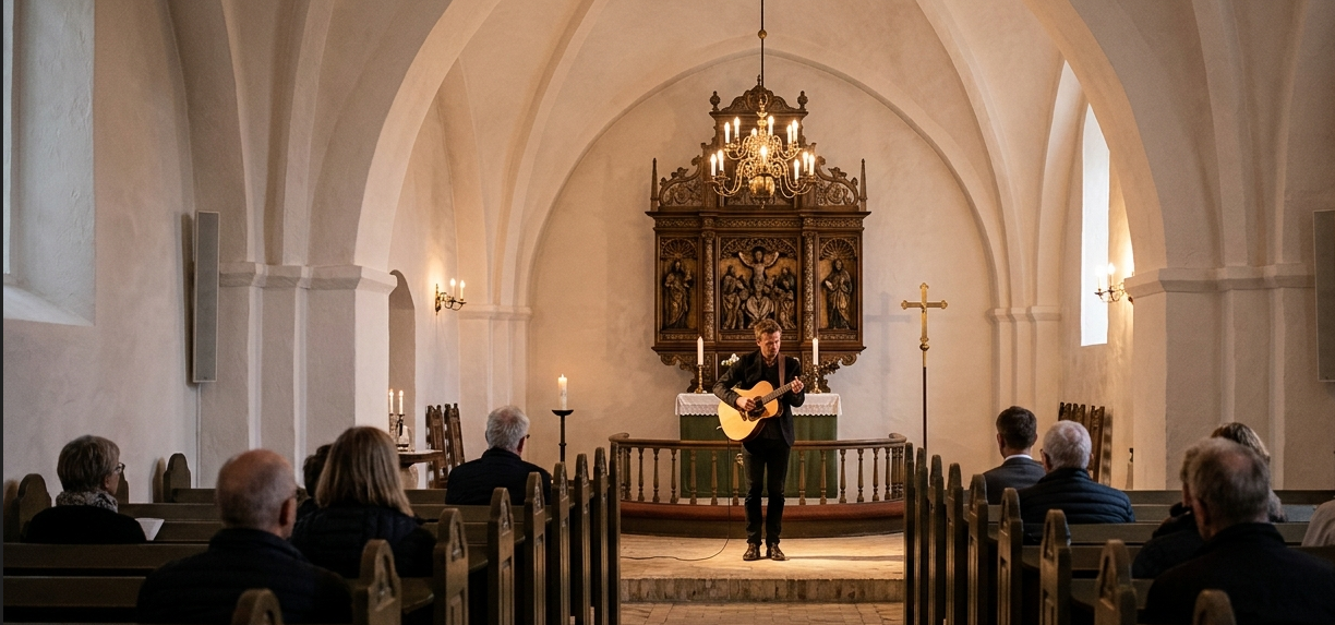 Solokoncert med akustisk guitar i traditionel dansk kirke, publikum i kirkebænke