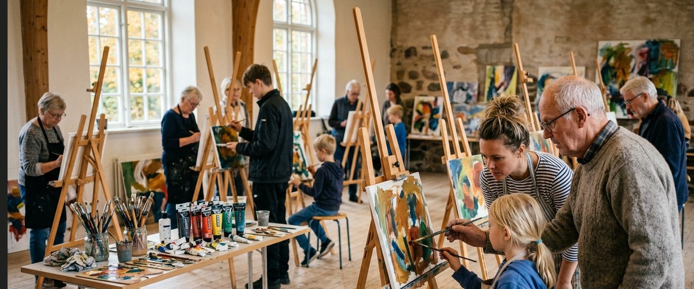Deltagere i alle aldre maler ved staffelier til en kunstworkshop