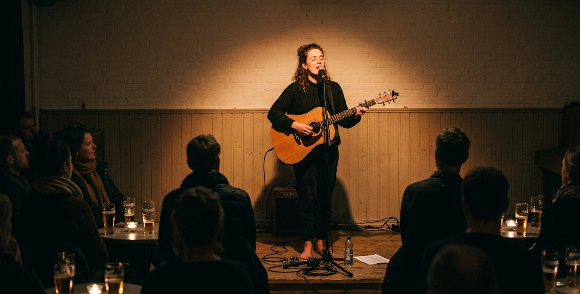 Singer-songwriter med guitar på scenen foran publikum i intimt spillested