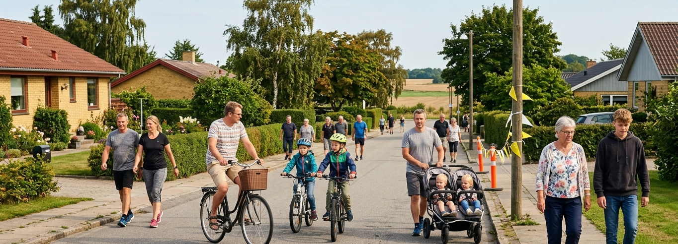 Beboere i alle aldre gaar loeber og cykler ad villavej med rutekegler og vimpler