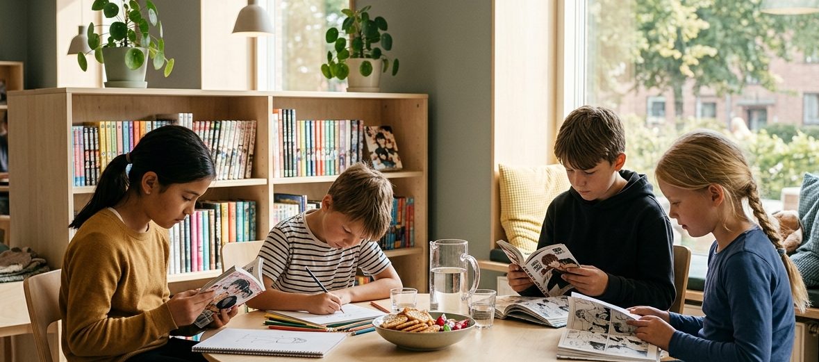 Fire børn læser manga, tegner og spiser snacks ved et bord på Galten Bibliotek